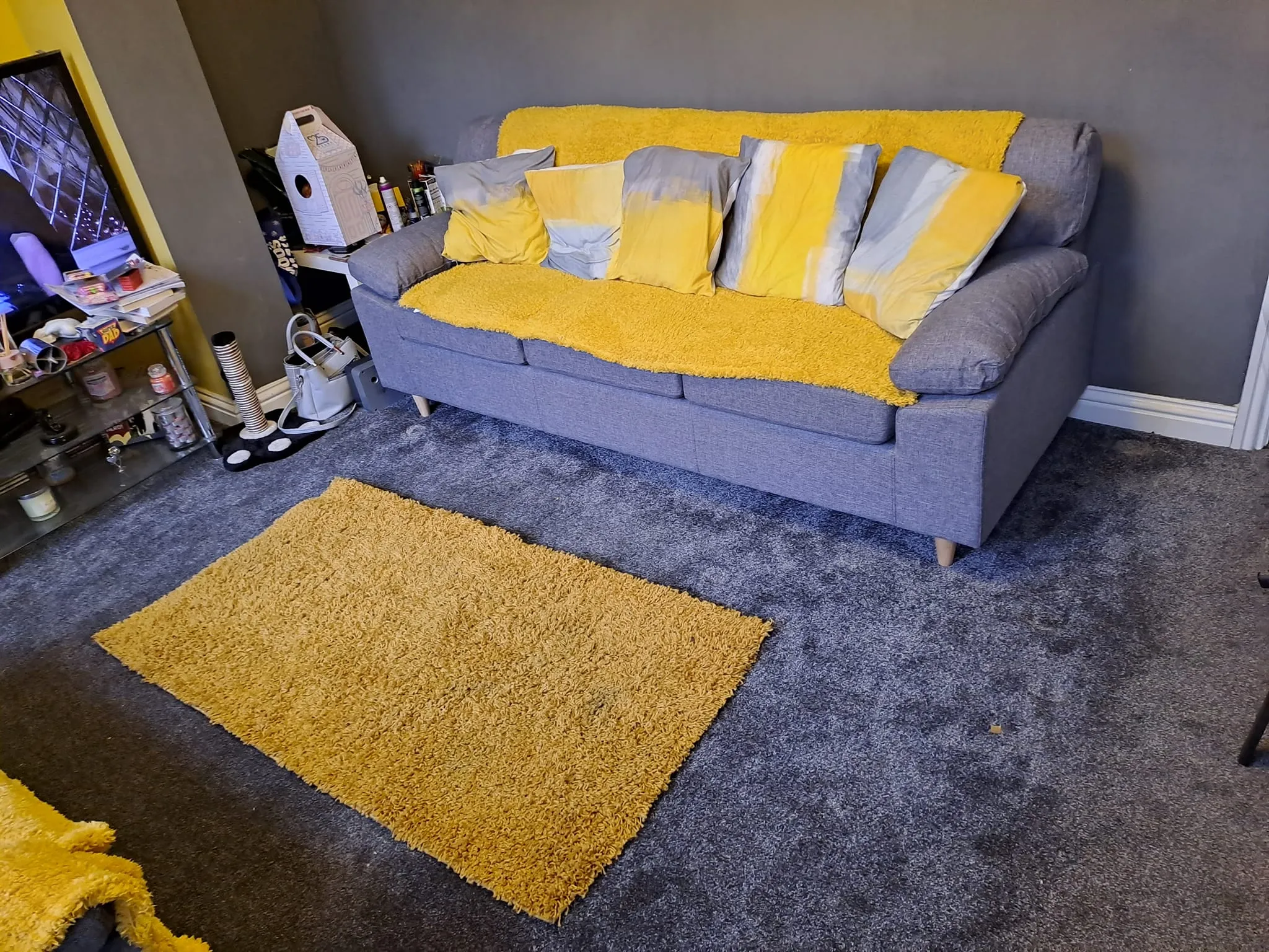 a living room with a gray couch and yellow rugs